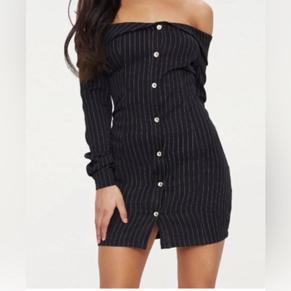 PrettyLittleThing NWT black striped Bardot Bodycon dress, size 8